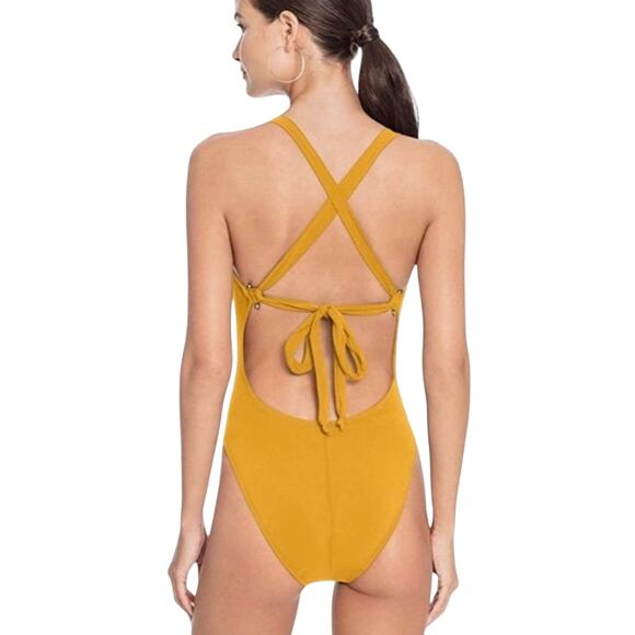 NWT Robin Piccone Luca Plunge One Piece Swimsuit Yellow Mustard 191717 Size 14 - Picture 1 of 11